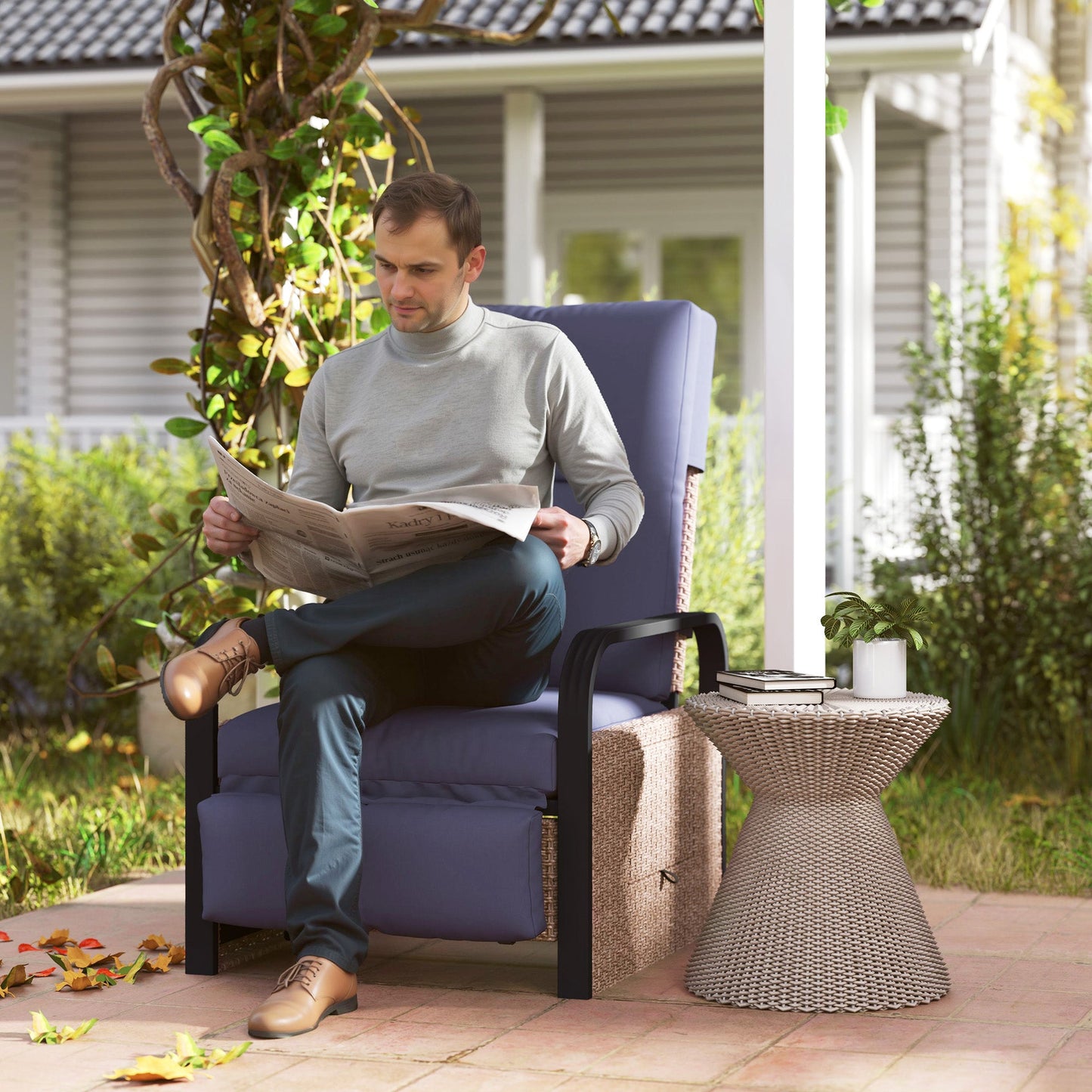 Outsunny 140 Reclining Rattan Armchair - Brown/Blue
