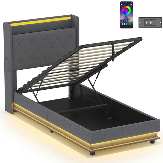 HOMCOM 3ft Single Bed Frame with Headboard, Platform Bed Frame with Hydraulic Storage, LED Lights and Charging Station, Grey