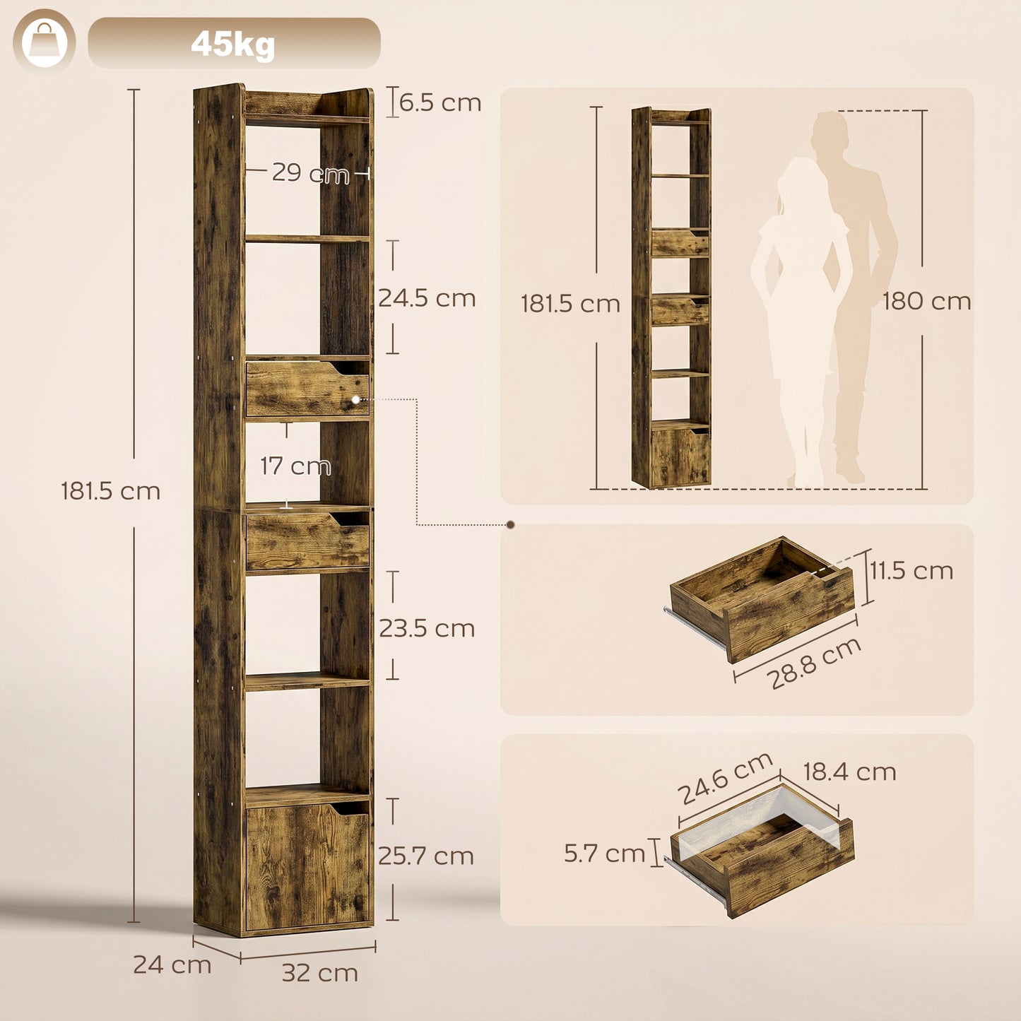 HOMCOM Bookcase Tall Narrow with 5 Tiers and Drawers Freestanding Bookshelf Storage Cabinet for Living Room Rustic Brown