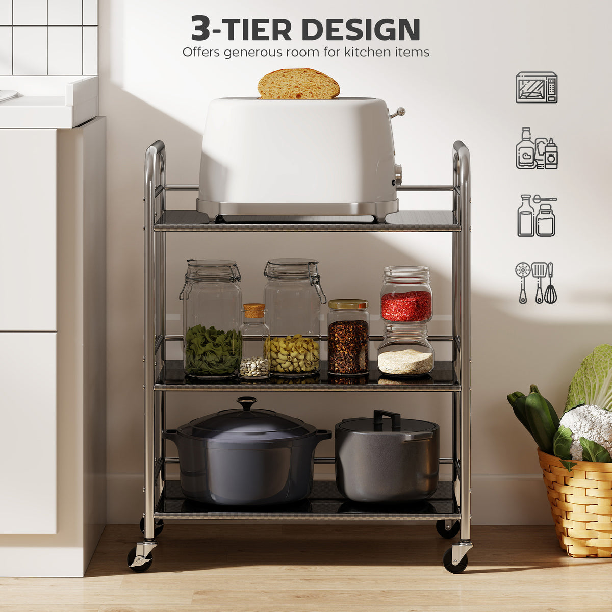 HOMCOM 3 Tier Stainless Steel Kitchen Storage Trolley with Adjustable Shelf - Silver