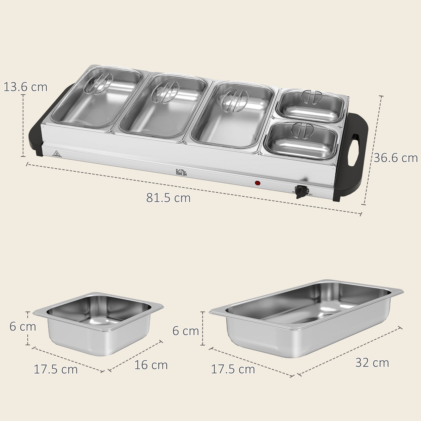 HOMCOM 5 Tray Electric Food Warmer Buffet Server with Warming Plate, Cool Touch Handles, Adjustable Temperature, 300W, 3 x 2.4L and 2 x 1L Pans