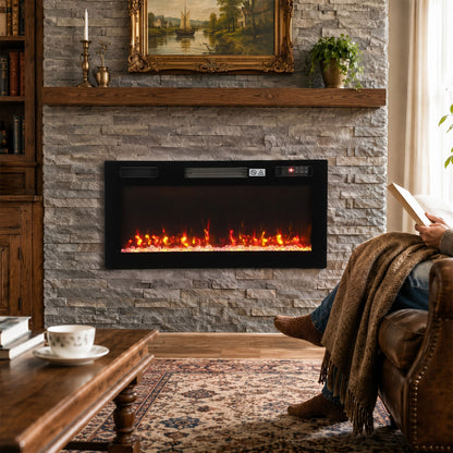 HOMCOM Ultra-Thin Electric Fire Wall Mounted/Recessed/Freestanding 92cm/36" Electric Fireplace with 12 Colours, 5 Brightness