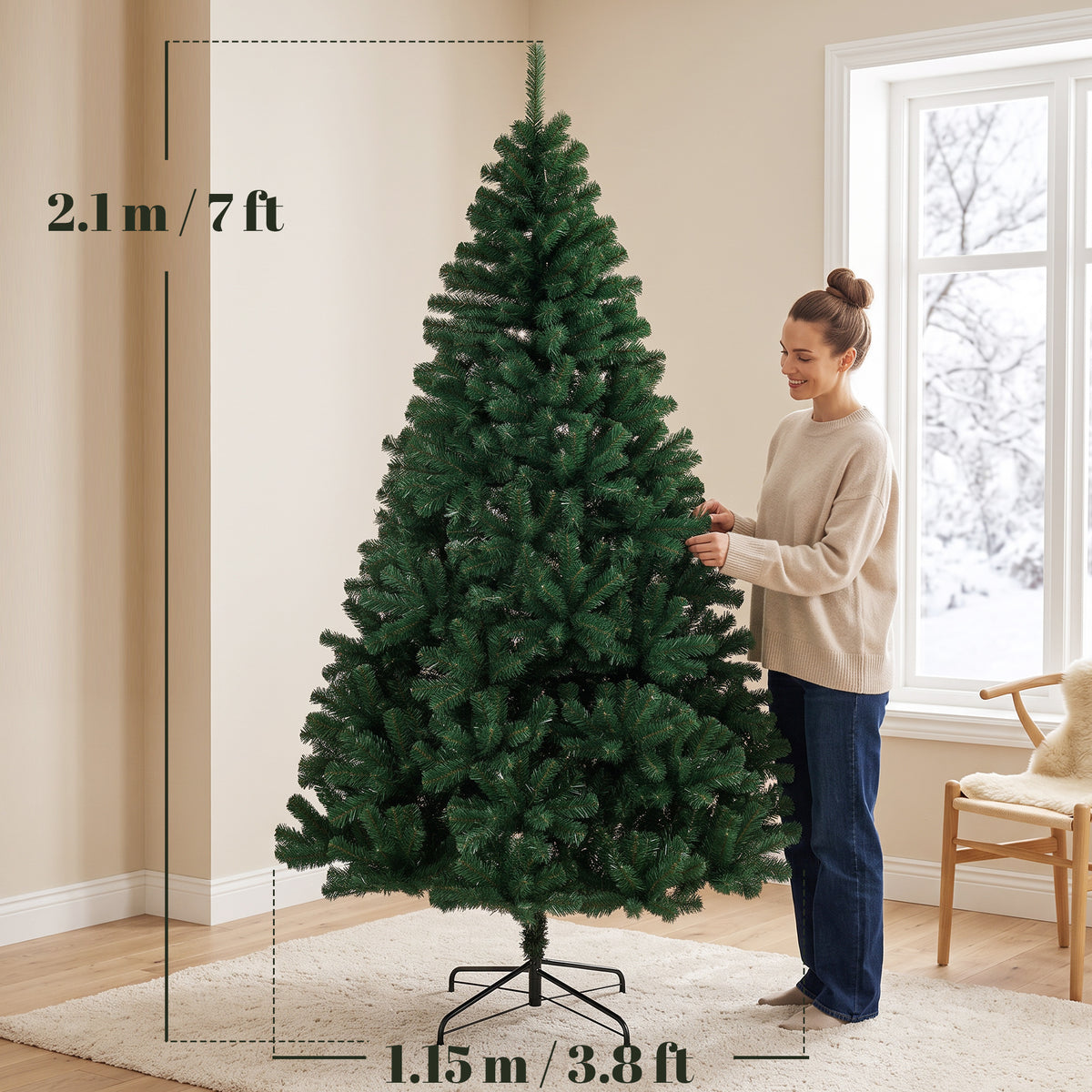 HOMCOM 7ft Artificial Christmas Tree, Fir Hinged Xmas Tree with 1100 Branch Tips, Foldable Steel Stand, Green