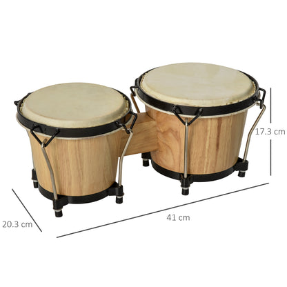 HOMCOM Wooden Bongo Drum Set â7.75" & â7" w/ Drum Head, Percussion Instrument, Drums, Tuning Wrench For Adults Beginners