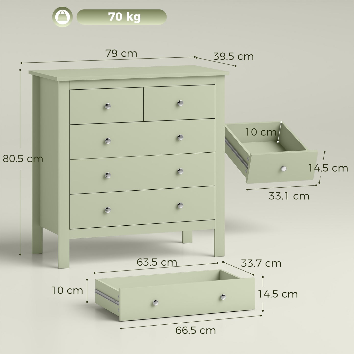 HOMCOM 5 Drawer Chest of Drawers, Modern Dresser for Bedroom, Bedside Storage Cabinet, Wide Storage Unit with Glide Runners for Living Room, Hallway, Closet, 79 x 39.5 x 80.5 cm, Sage Green