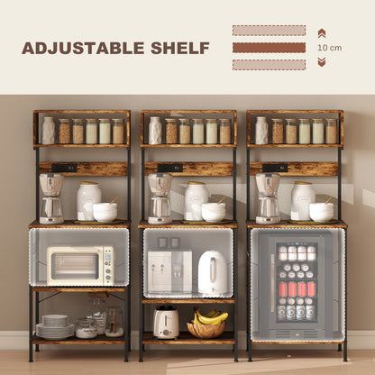HOMCOM Bakers Rack with Power Outlet, USB Charger, Microwave Stand with Adjustable Shelves, 5 Hooks for Small Spaces, Kitchen Storage Unit for Spices, Pots and Pans, Rustic Brown