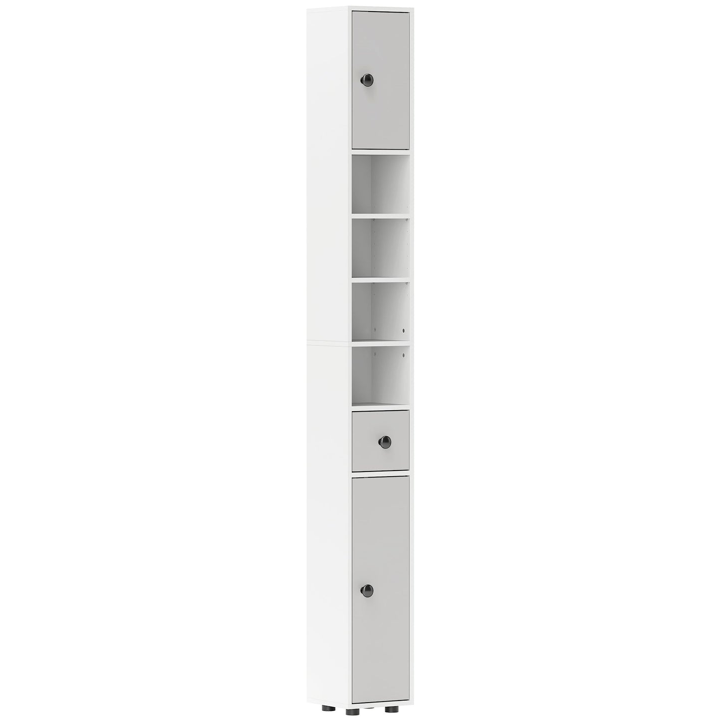 kleankin 180cm Slim Bathroom Cabinet, with Drawer, Shelves and Cupboards - Light Grey