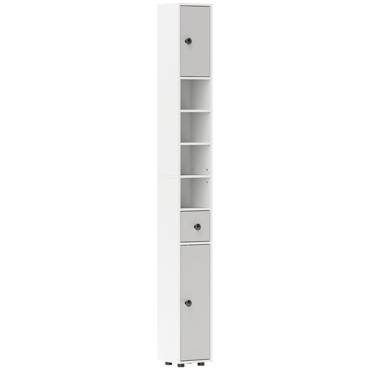 kleankin 180cm Slim Bathroom Cabinet, with Drawer, Shelves and Cupboards - Light Grey