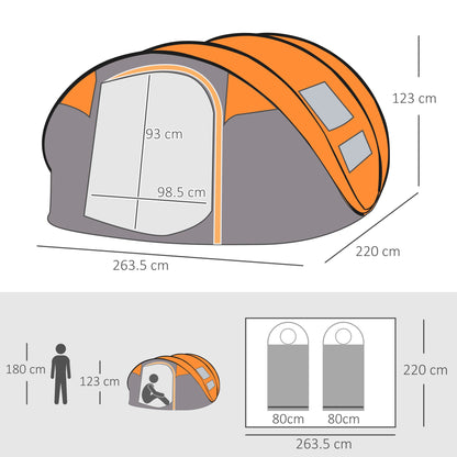 Outsunny 4-5 Person Pop-up Camping Tent Waterproof Family Tent w/ 2 Mesh Windows & PVC Windows Portable Carry Bag for Outdoor Trip, Orange