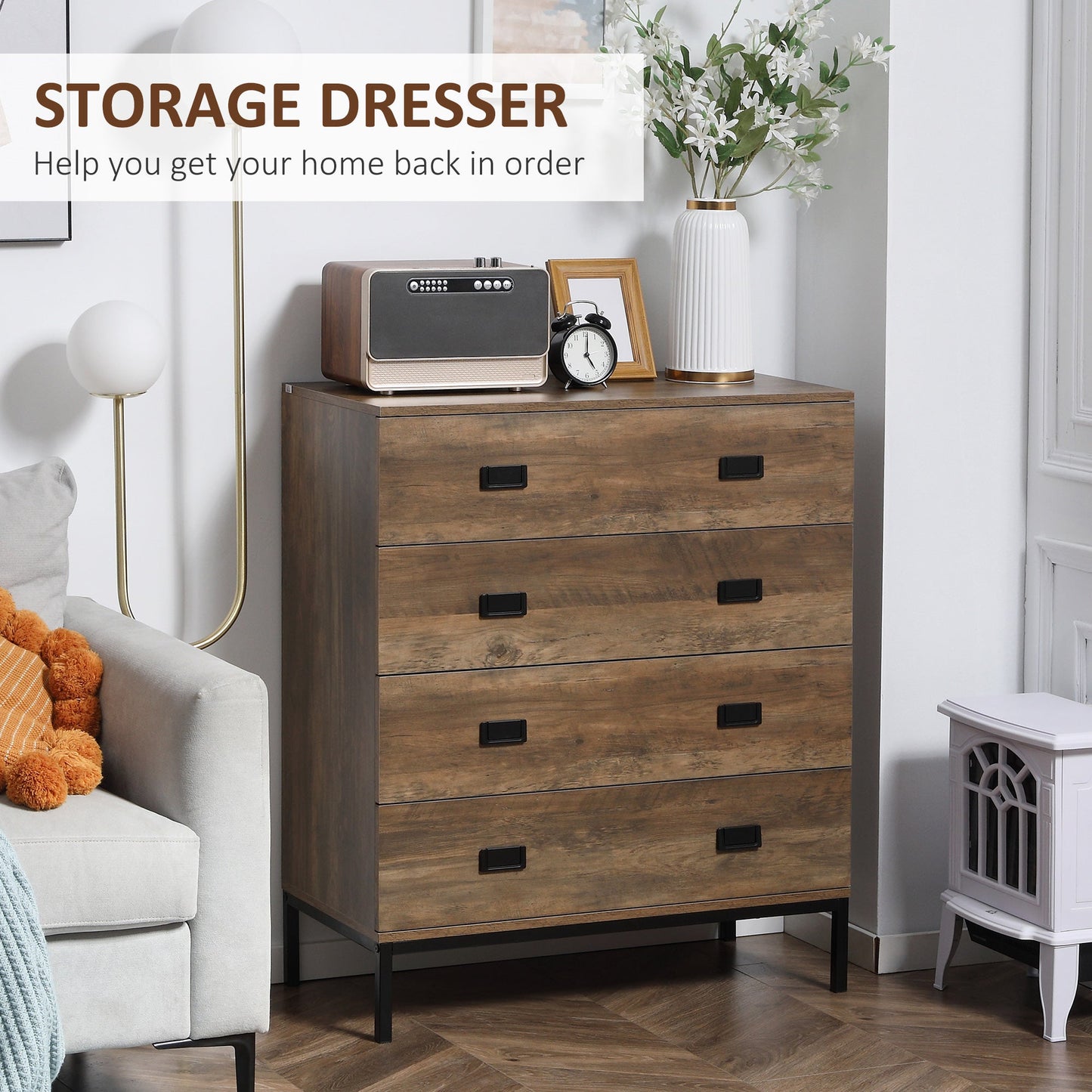 Chest of Drawers, 4-Drawer Storage Organiser Unit with Metal Frame for Bedroom, Living Room, Brown