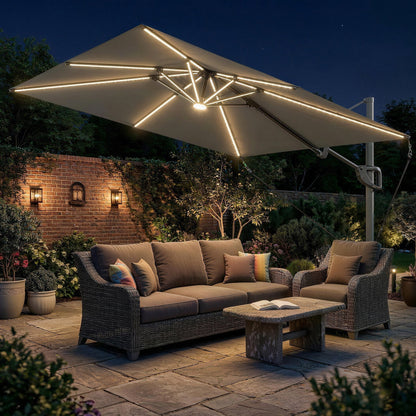 Outsunny 3 x 3 m Garden Cantilever Parasol w/ Light, Cover, UPF50+ Patio Umbrella w/ Wind Protection, 360 degrees Rotation, Dark Grey