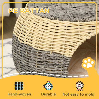 PawHut Wicker Cat House, Rattan Raised Cat Bed, Cosy Kitten Cave with Soft Washable Cushion, â40 x 30cm