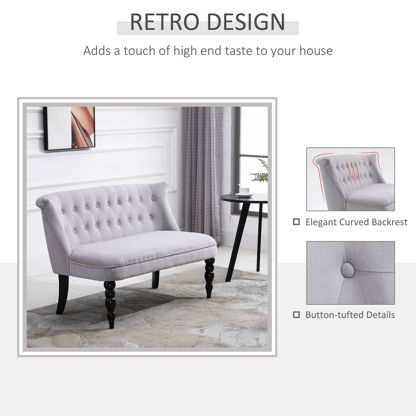 HOMCOM Velvet 2 Seater Sofa, Button Tufted Wingback Loveseat with Rubber Wood Legs for Living Room, Bedroom, Grey
