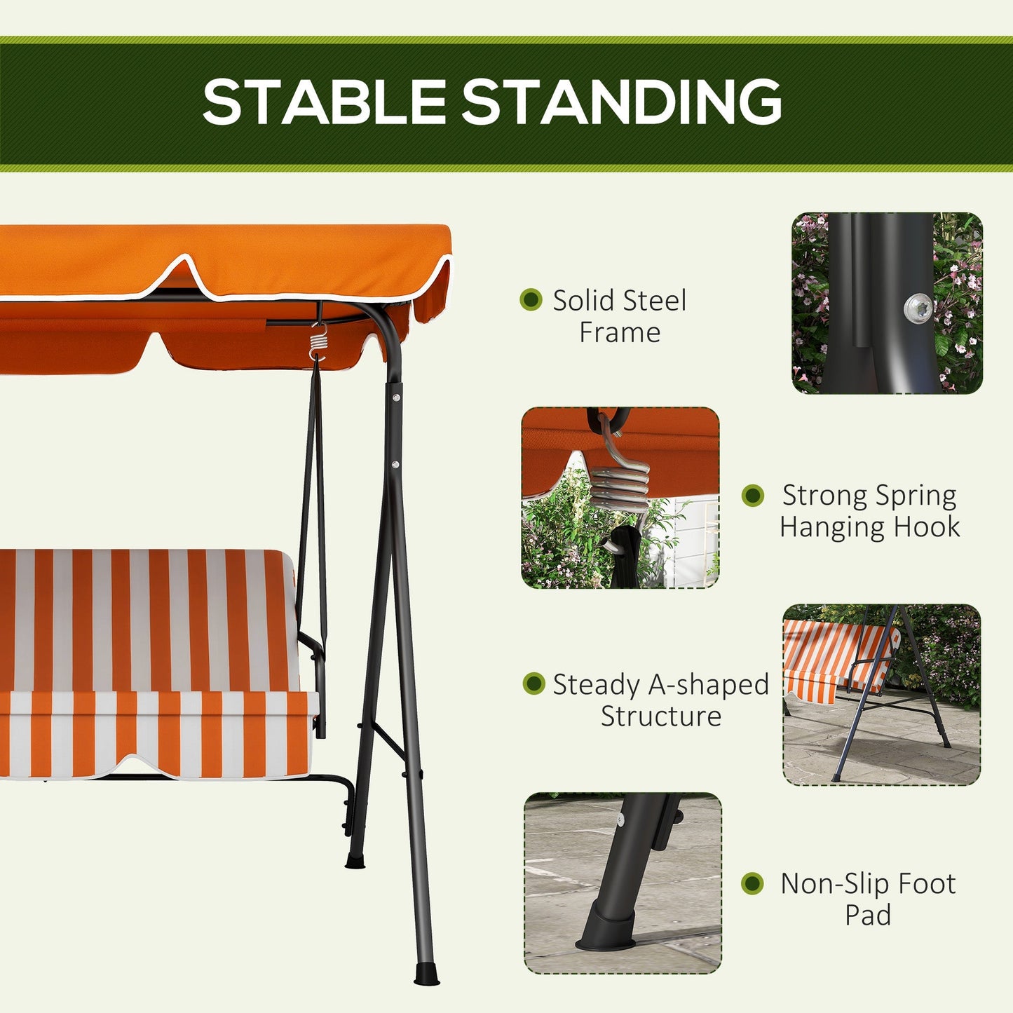 Outsunny 3 Seater Garden Swing Chair, Outdoor Swing Chair with Adjustable Canopy, Mental Frame & Cushions, Orange