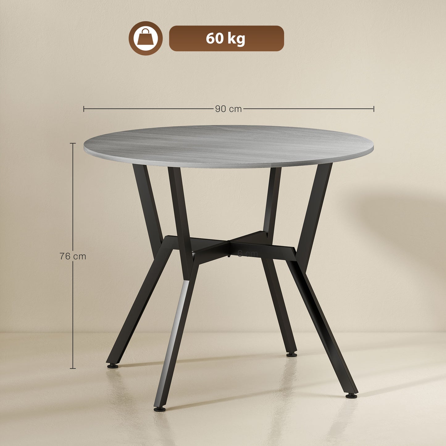 HOMCOM Dining Table, Round Kitchen Table with Black Legs, Anti-slip Foot Pads for Living Room, Dining Room 90 x 76 cm, Grey