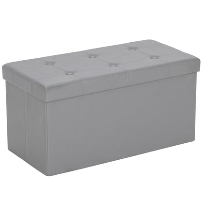 HOMCOM Storage Ottoman Bench, 89L PU Leather Folding Foot Rest Stool, End of Bed Bench, Easy Assembly, for Living Room, Bedroom, Entryway, Grey