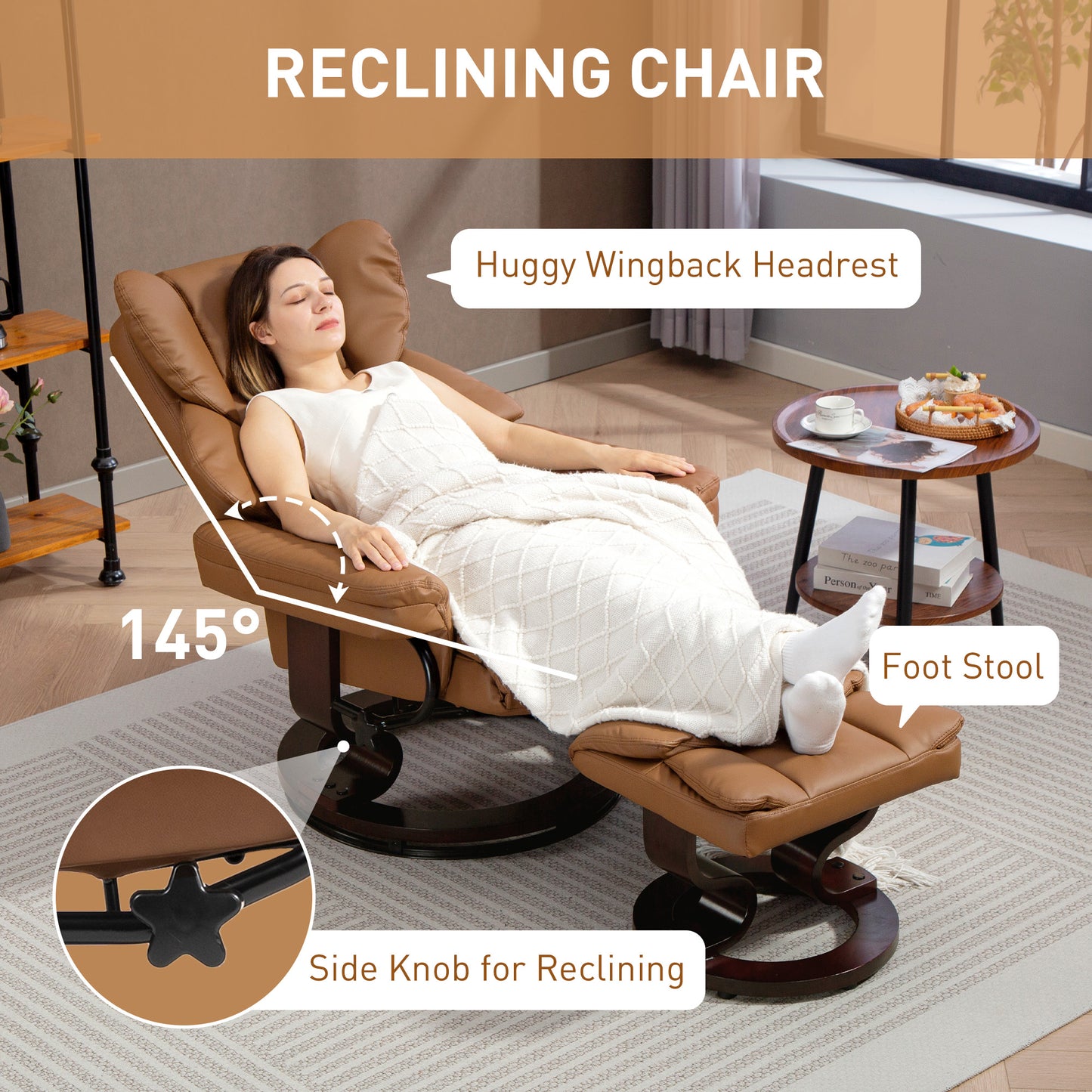 HOMCOM Faux Leather Reclining Chair and Footstool - Brown