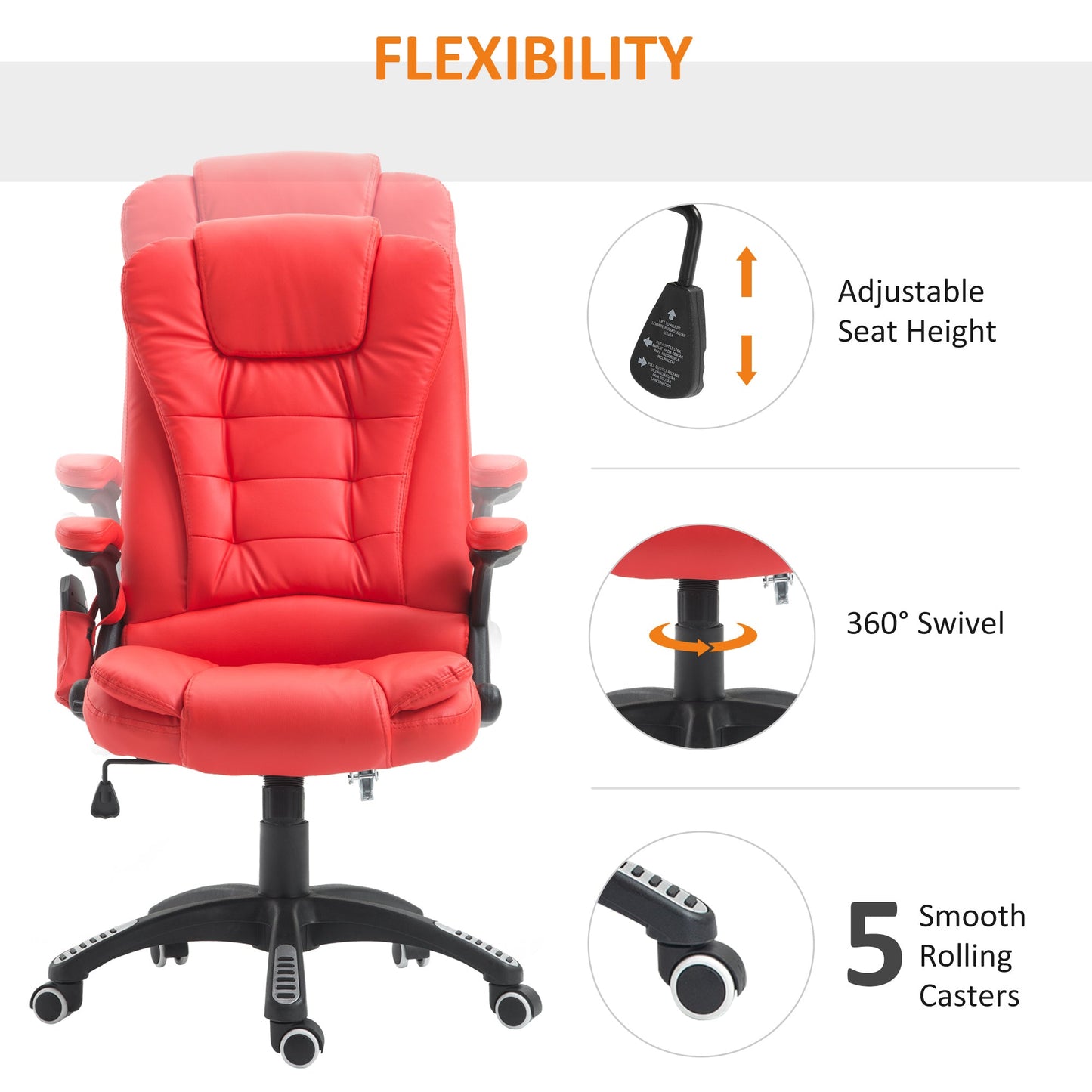 HOMCOM Executive Office Chair with Massage and Heat, High Back PU Leather Massage Office Chair with Adjustable Height, Red