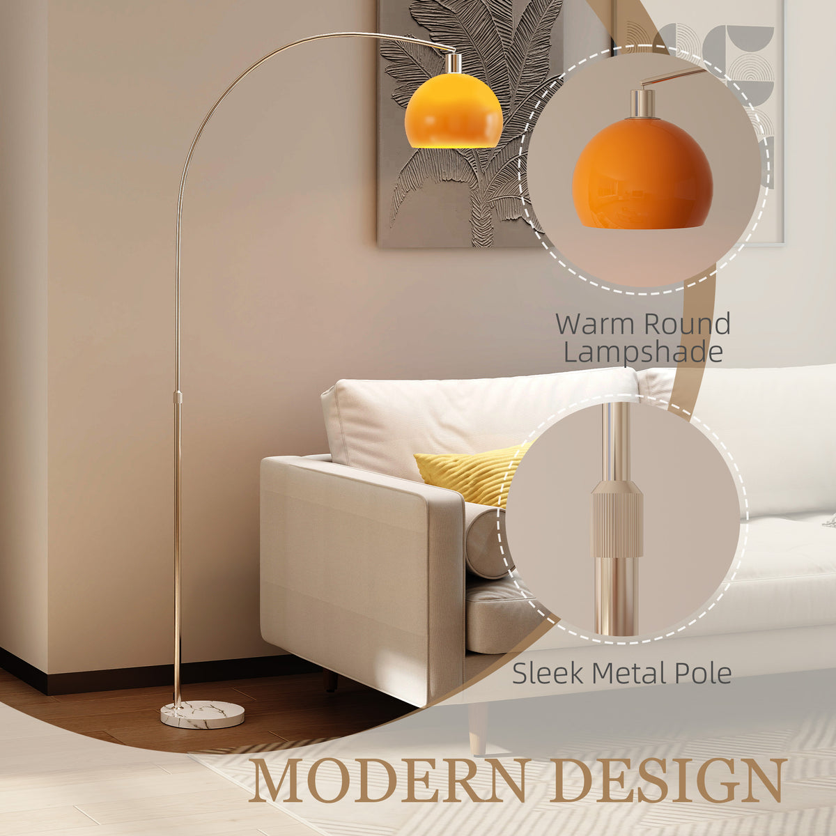 HOMCOM Floor Lamp for Living Room, Modern Standing Lamp with Shade & Foot Switch for Bedroom, Office, Orange