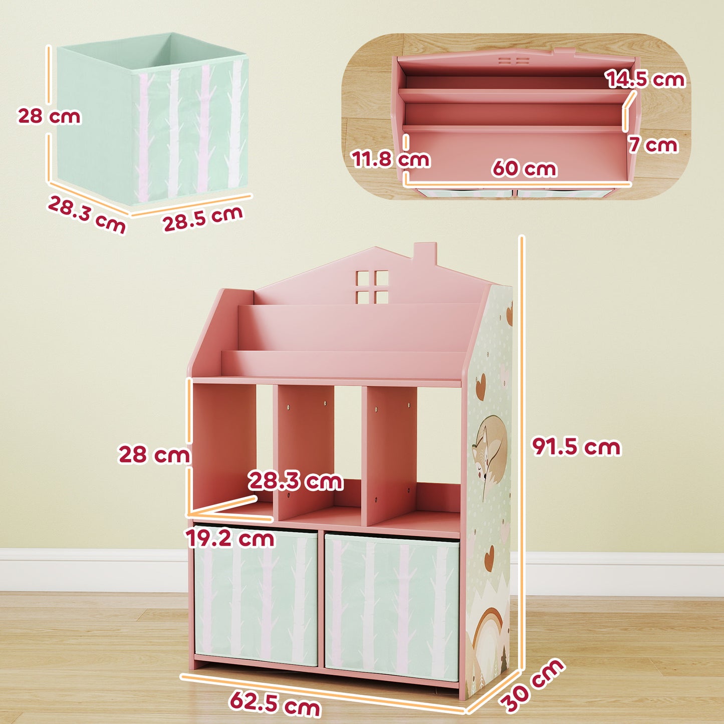 AIYAPLAY Kids Bookshelf with Storage, Toy Storage Unit with Book Display, Shelves and Fabric Drawers for Playroom Nursery, Pink