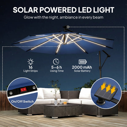 Outsunny 3 m Garden Cantilever Parasol with LED Solar Light, Round Overhanging Umbrella with 360 degrees Rotation, Cover, Navy Blue