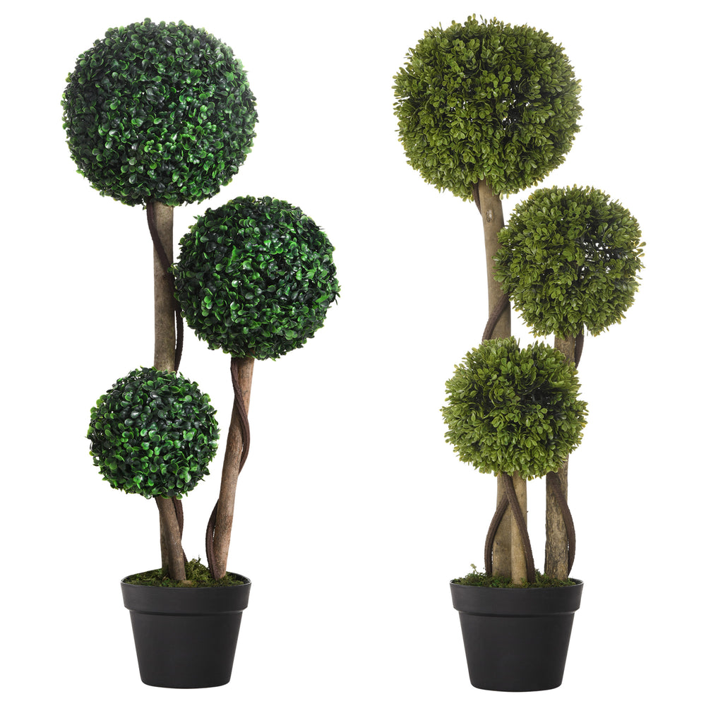 HOMCOM Decorative Artificial Plants Set of 2, Boxwood Ball Topiary Trees in Pot Fake Plants for Home Indoor Outdoor Decor, 90 cm, Dark Green