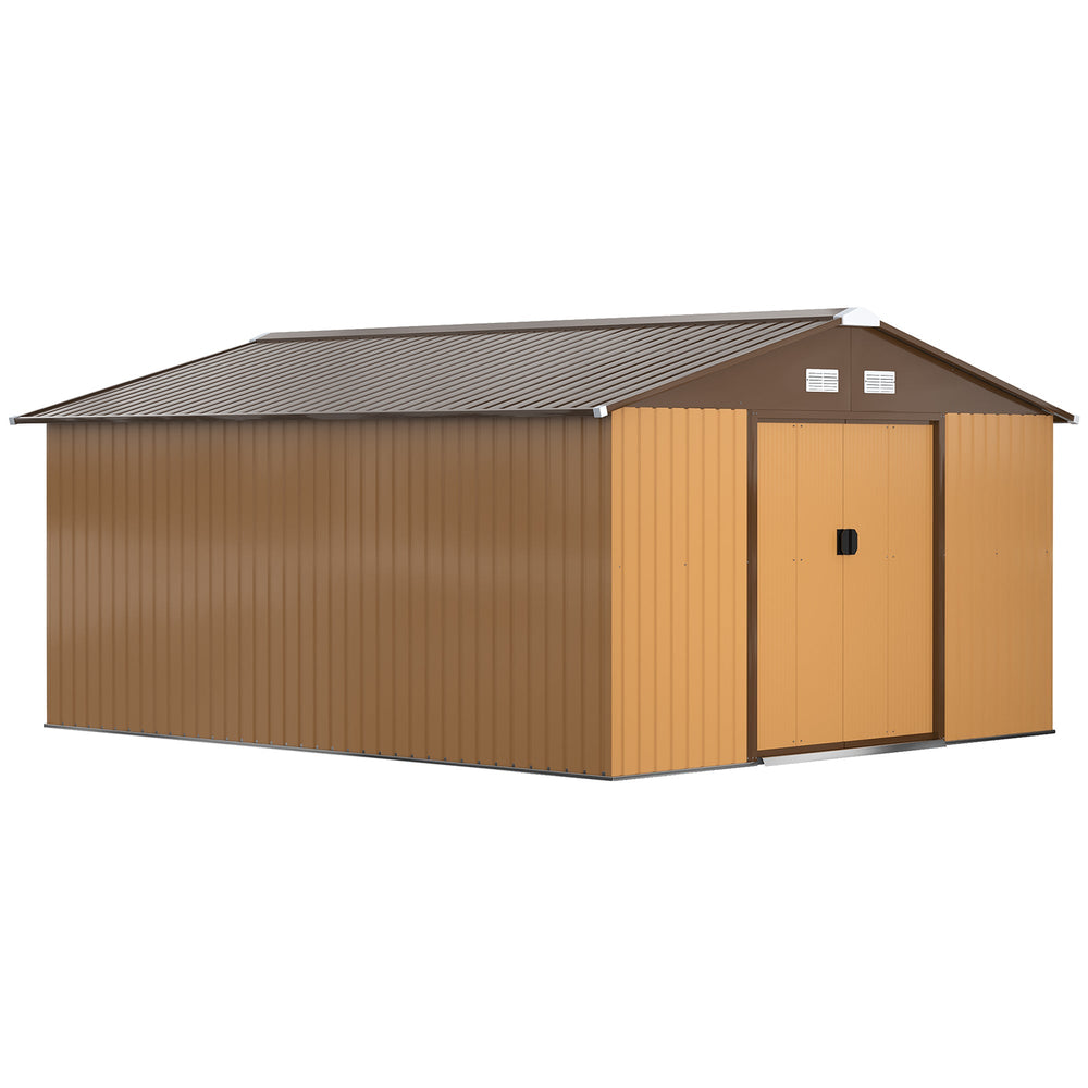 Outsunny 13 x 11ft Metal Garden Shed, Waterproof Outdoor Bike Storage Shed Galvanised with Vents, Foundation Kit, Apex Roof and Lockable Double Doors for Patio Lawn, Light Brown