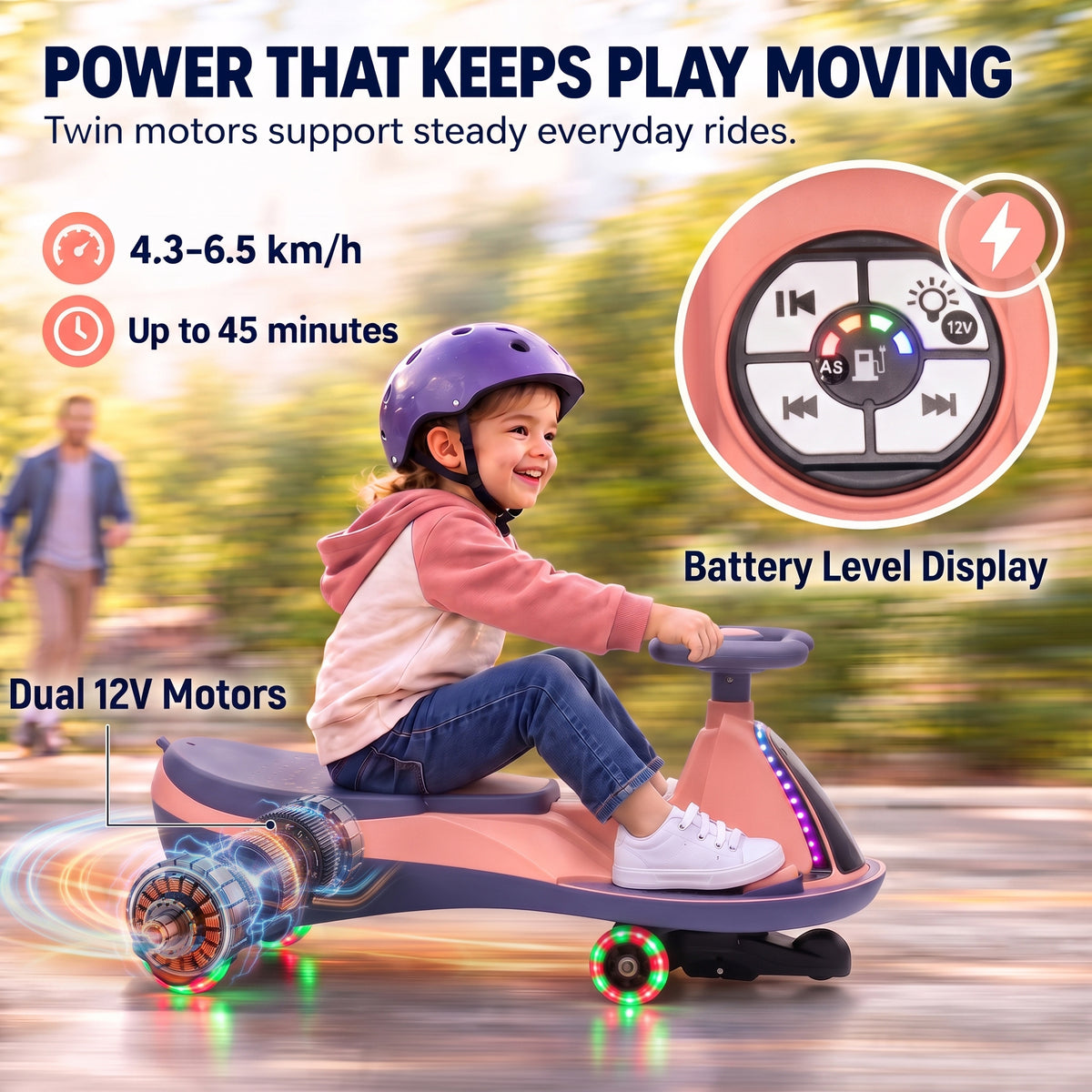 AIYAPLAY 12V Electric Wiggle Car, 2-In-1 Kids Ride On Toy with 2 Speeds, Soft Start, PU Wheels, RGB Lights, Up to 60 kg, Pink