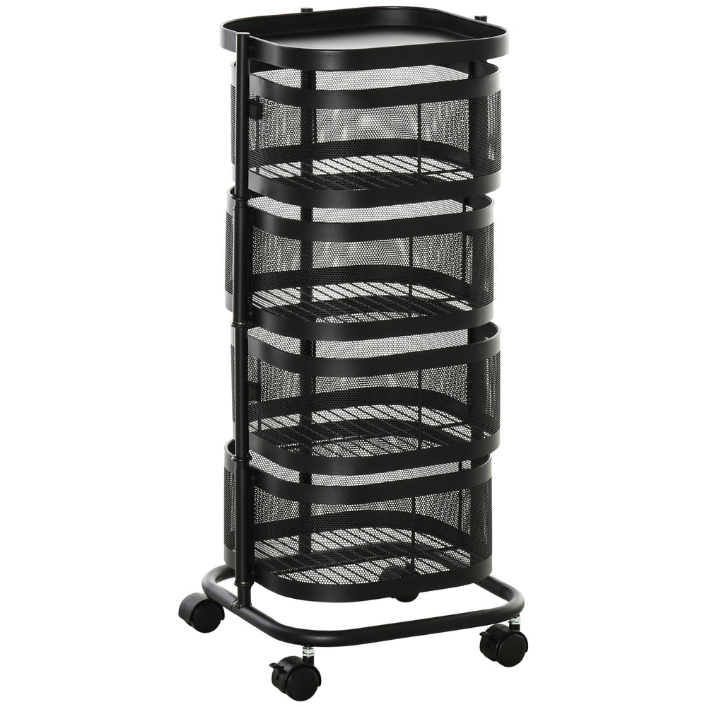 HOMCOM Metal Storage Cart, 4-Tier Storage Trolley on Wheels with 4 Mesh Baskets and Top Tray, Black
