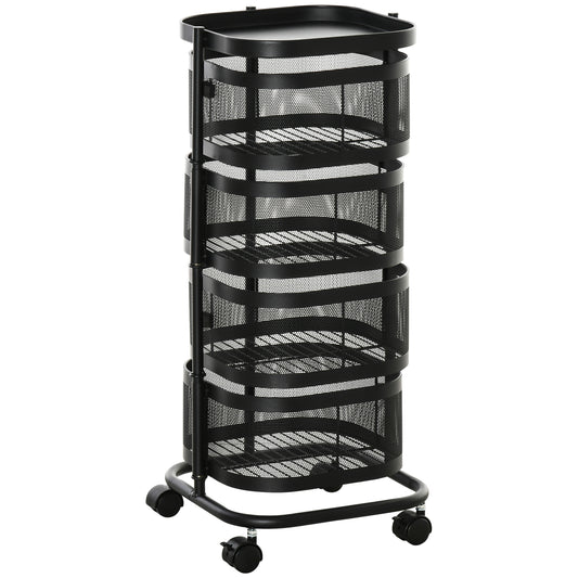 HOMCOM Metal Storage Cart, 4-Tier Storage Trolley on Wheels with 4 Mesh Baskets and Top Tray, Black
