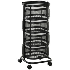 HOMCOM Metal Storage Cart, 4-Tier Storage Trolley on Wheels with 4 Mesh Baskets and Top Tray, Black
