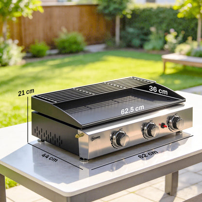 Outsunny 3 Burner Grill Griddle, Portable Gas Plancha with Warming Rack, 7.5 kW, Tabletop Gas BBQ with Grease Cup, Black