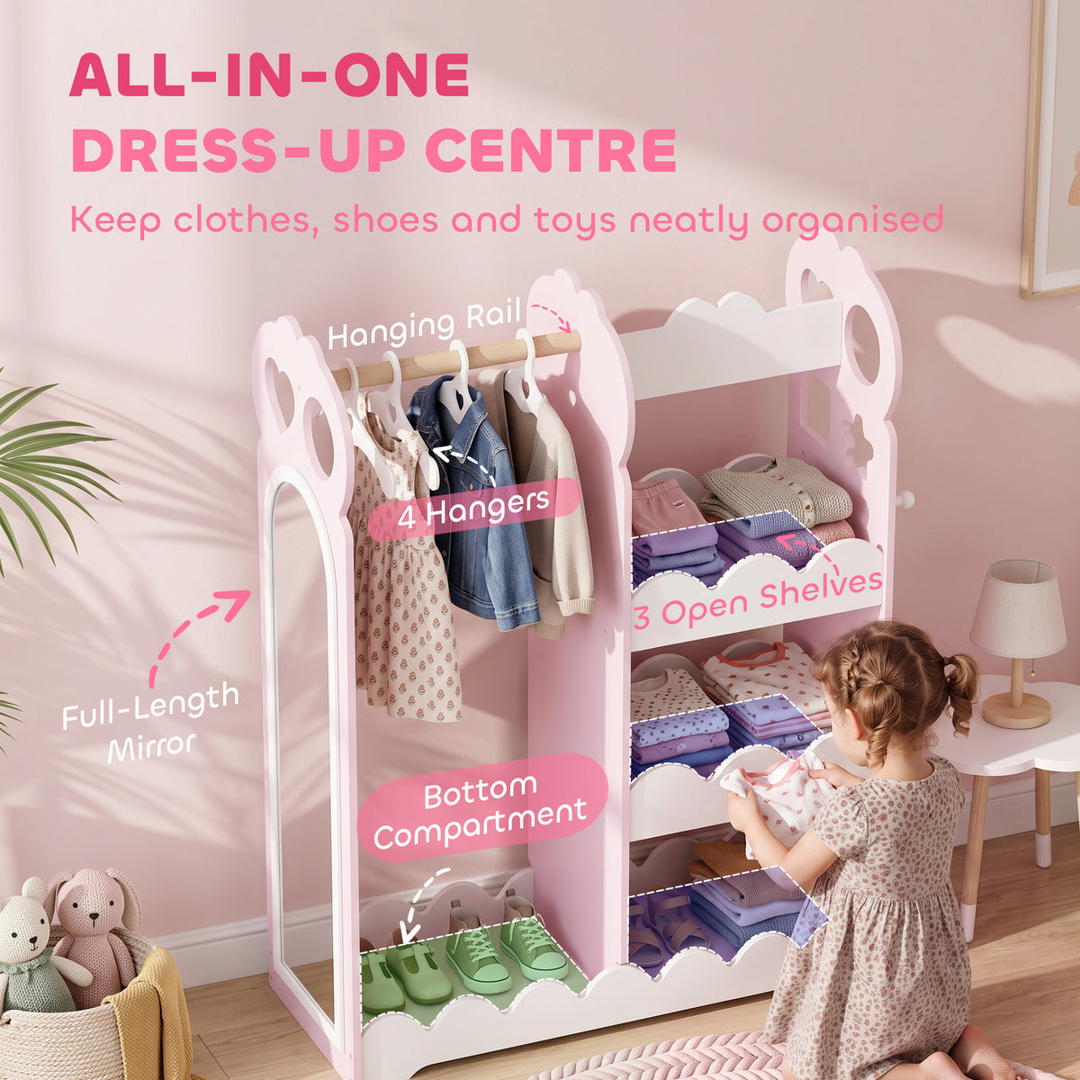 AIYAPLAY Kids Wardrobe, Children Dress Up Storage with Mirror, Clothes Rail, Shelves, Hangers for Girls Boys Bedroom Nursery Pink