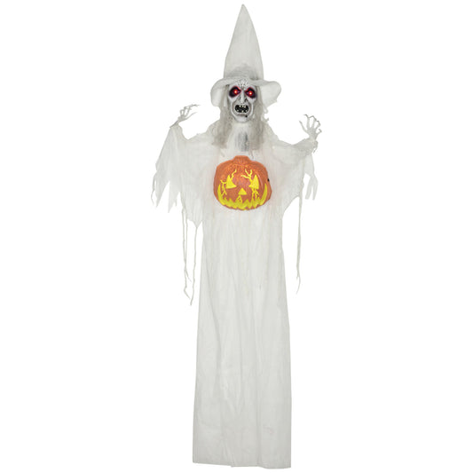 HOMCOM 6ft Outdoor Halloween Decoration Witch with Pumpkin, Hanging Skeleton Witch Prop Life Size with Sound and Motion Activated, Light Up Eyes, Laughing Sound, Posable Arms, White