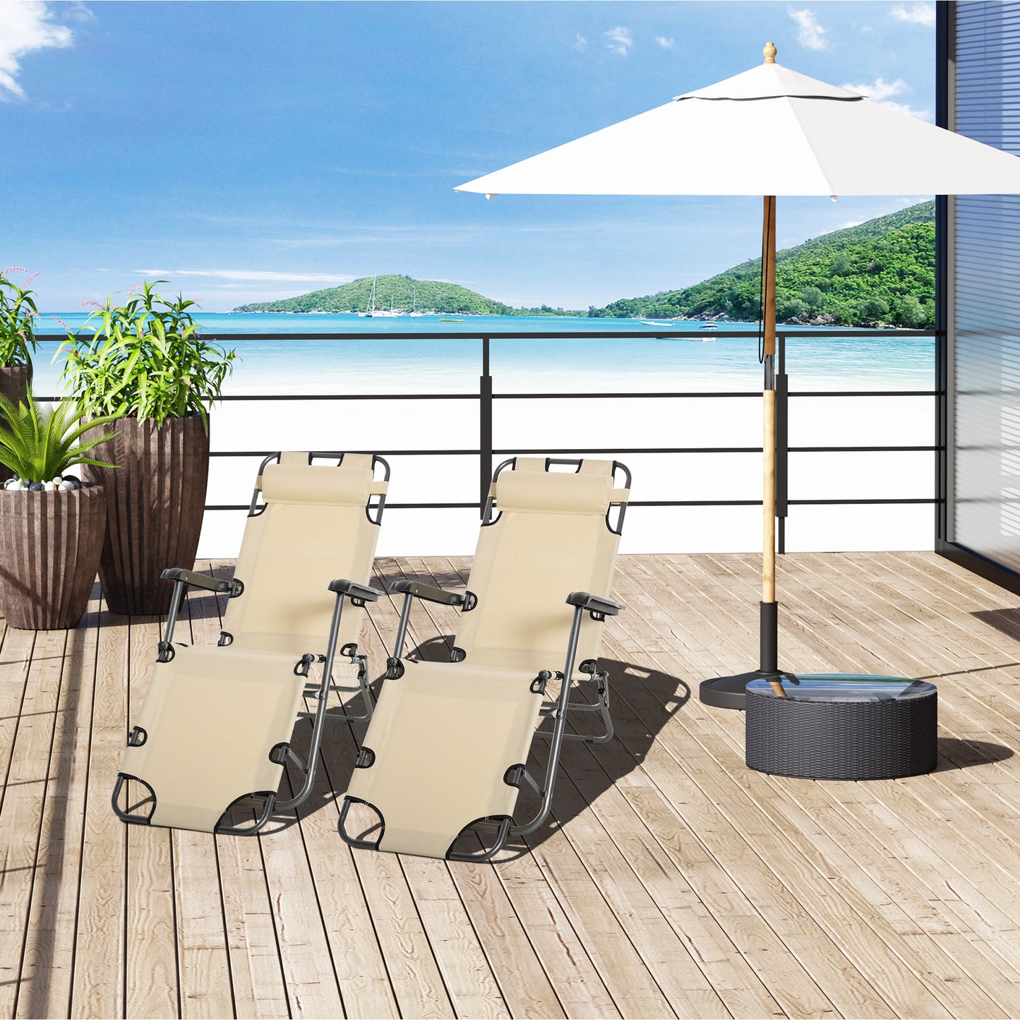 Outsunny 2 in 1 Folding Sun Lounger Reclining Garden Chair Set of 2 with 2-Level Adjustable Backrest, Outdoor Zero Gravity Recliner Garden Chairs with Head Pillow and Armrests, Beige