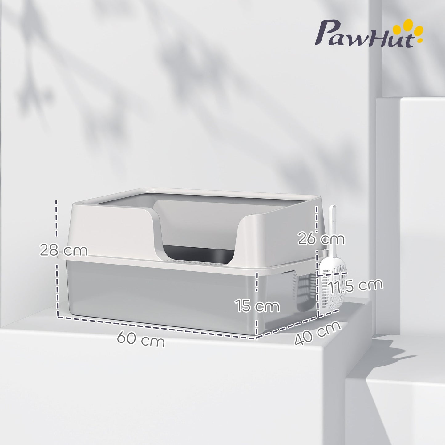 PawHut Stainless Steel Litter Box with Detachable Rim, Scoop, Easy Cleaning, Odour-Resistant, 60 x 40 x 28 cm