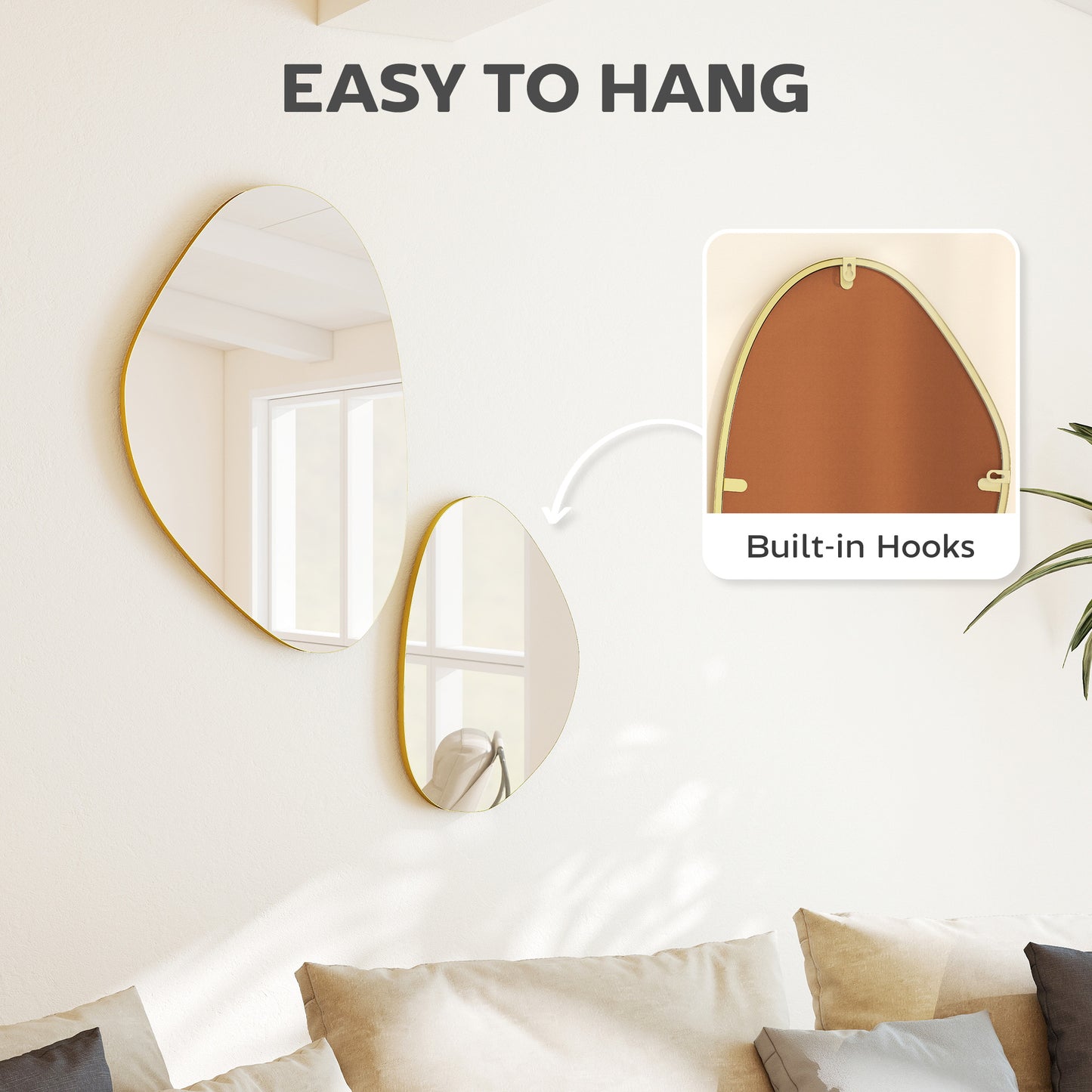 HOMCOM Set of 2 Pebble-Shaped Wall Mirror - Gold Tone