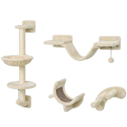 PawHut Four-Piece Cat Wall Furniture, with Hammock, Ladder, Platforms, Steps, for Indoor Use - Beige