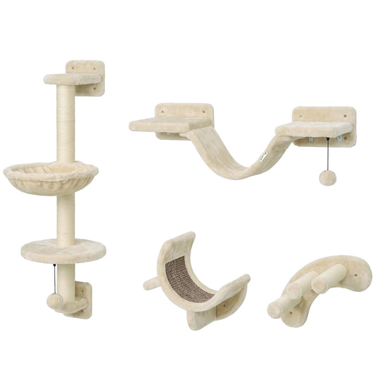 PawHut Four-Piece Cat Wall Furniture, with Hammock, Ladder, Platforms, Steps, for Indoor Use - Beige