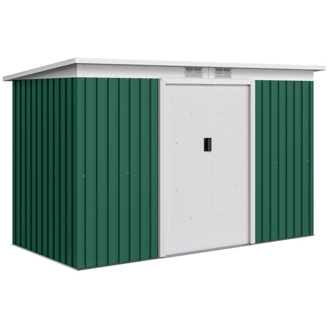Outsunny 9ft x 4ft Metal Garden Shed, Outdoor Tool House with Foundation Kit, Ventilations and Double Doors, Deep Green