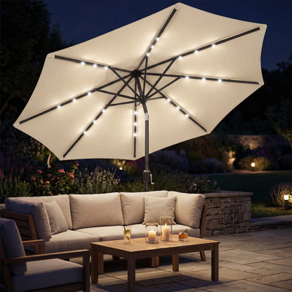 Outsunny 2.6 m Garden Parasol Umbrella with LED Solar Light, Parasol Cover, Outdoor Market Patio Umbrella, Beige