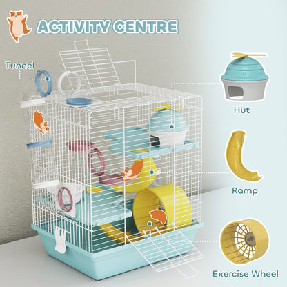 PawHut 3-Level Hamster Cage with Exercise Wheel, Water Bottle, Food Bowl, for Dwarf Hamsters, 34.5 x 27.5 x 41 cm, Blue