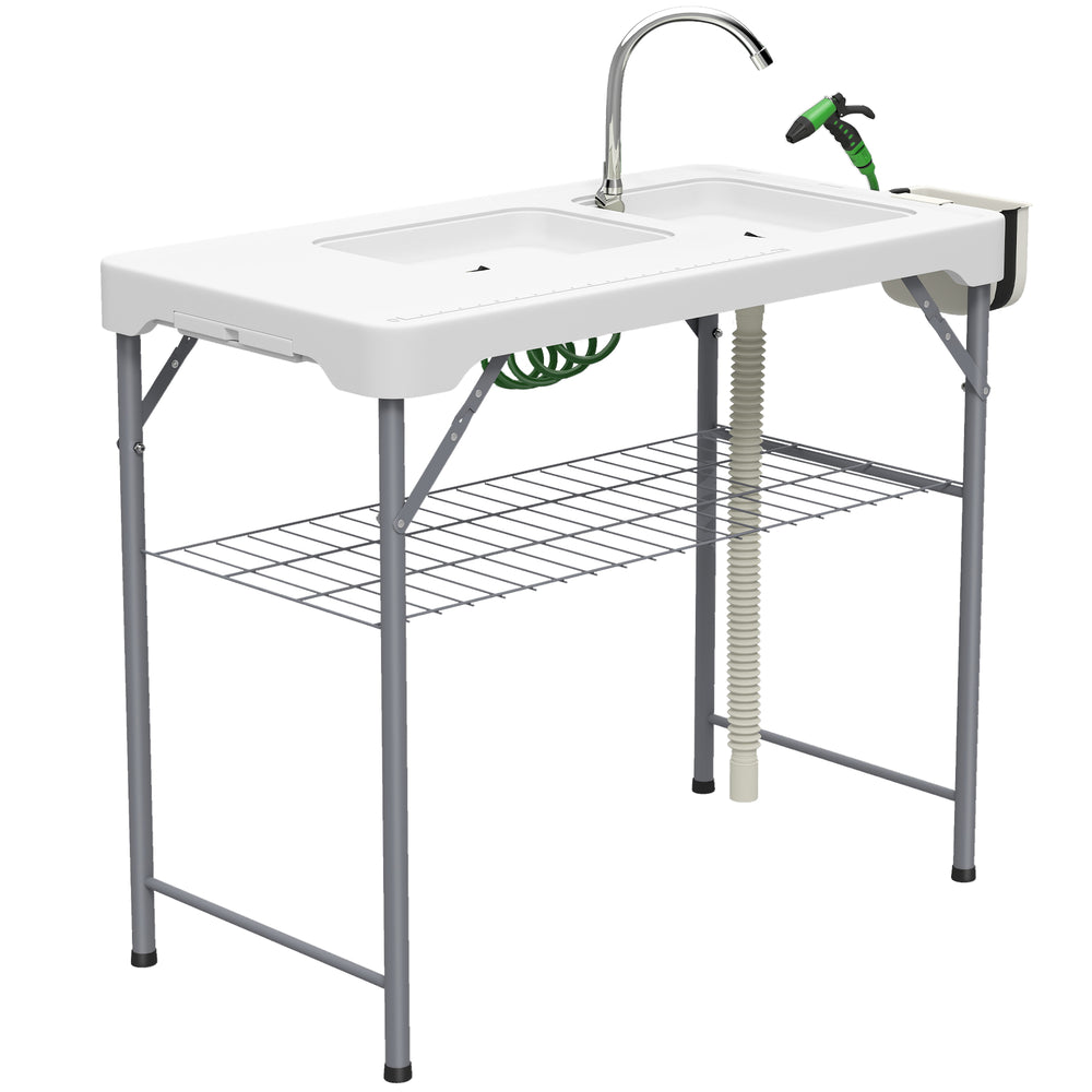 Outsunny Folding Fish Cleaning Table with Sinks, Portable Camping Sink Table with Faucet, Drainage Hose