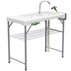 Outsunny Folding Fish Cleaning Table with Sinks, Portable Camping Sink Table with Faucet, Drainage Hose