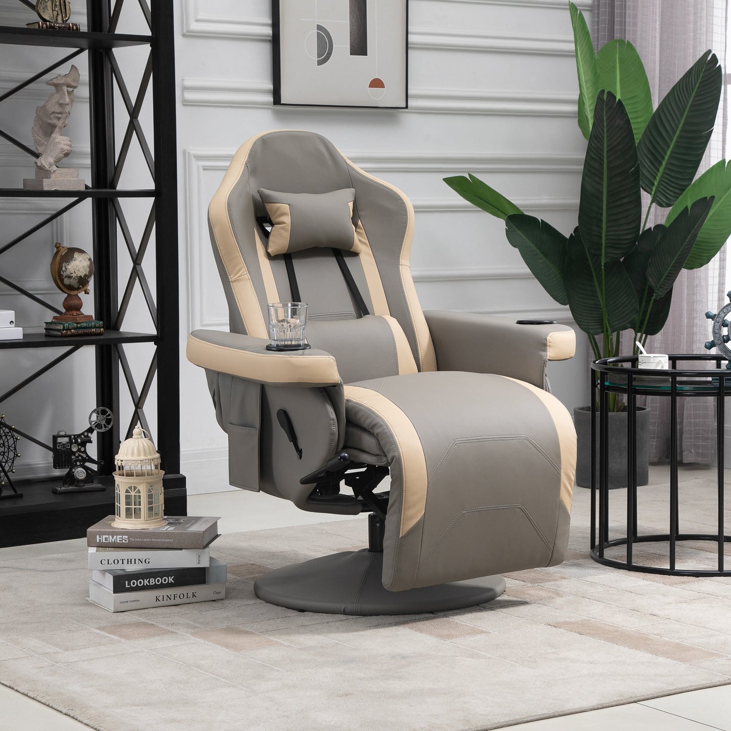 HOMCOM Manual Recliner Armchair PU Leather Lounge Chair w/ Adjustable Leg Rest, 135 Reclining Function, 360 Swivel, Grey