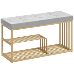 HOMCOM Bench and Shoe Storage, Tufted Shoe Storage Bench with Velvet Seat Cushion Gold Steel Frame for Entryway, Grey