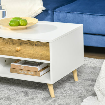 Coffee Table Rectangular End Table Side Table with 2 Drawers and 2 Shelves for Living Room, Bedroom, Office, White and Brown