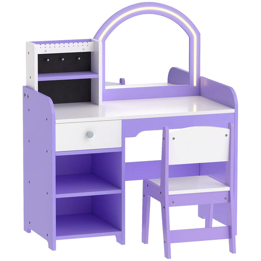 AIYAPLAY Kids Vanity Set, Kids Dressing Table with Stool, 2-Colour Lights Mirror, Pretend Dresser Gift for Ages 3-8, Purple