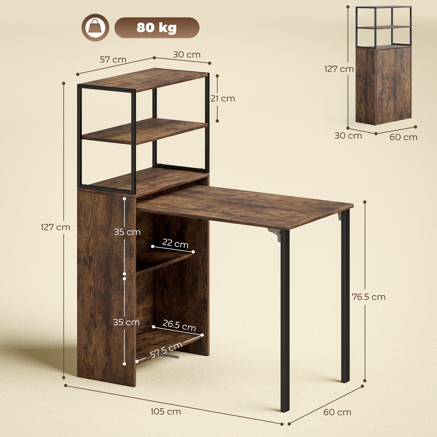 HOMCOM Folding Shelf and Work Table - Brown/Black