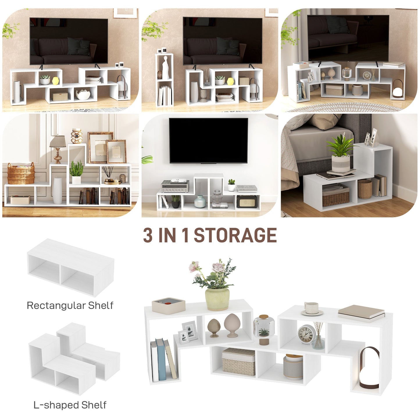 HOMCOM Three-Block Modular TV Stand - White Wood-Effect